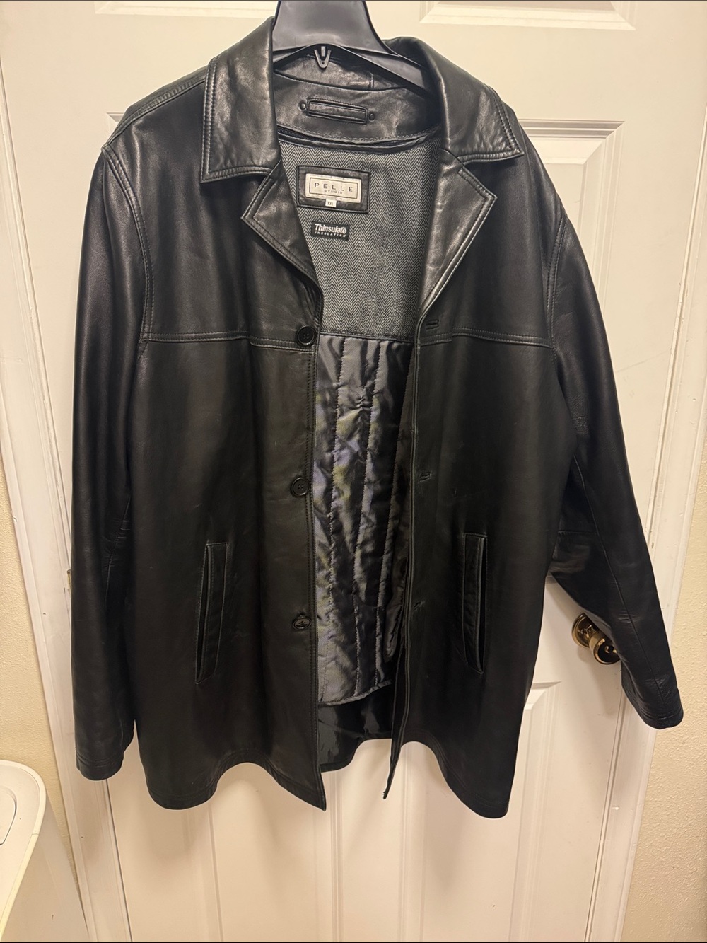 Leather Thinsulate Vintage 90s Jacket Long Black Coat XXL zip quilted wool vest